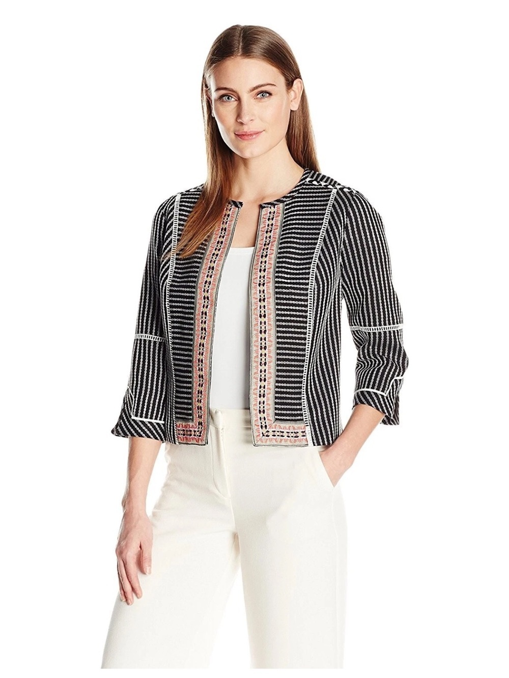Rafaella Women's Woven Stripe Textured Boho Embroidered Open Front Jacket 1X